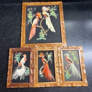 Vtg Feather Art Bird Wall Décor Set of 4 Framed Panels Handcrafted Mexican Art